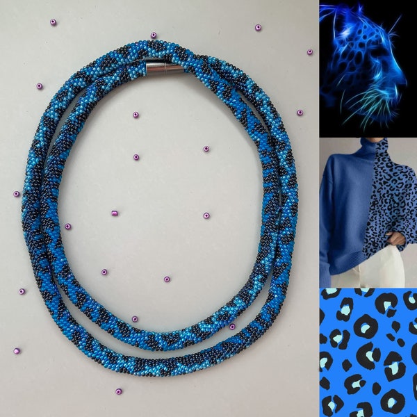 100cm Unique blue Leopard long lariat crochet beaded rope necklace for her - blue crochet african necklace - cheetah animal print jewellery