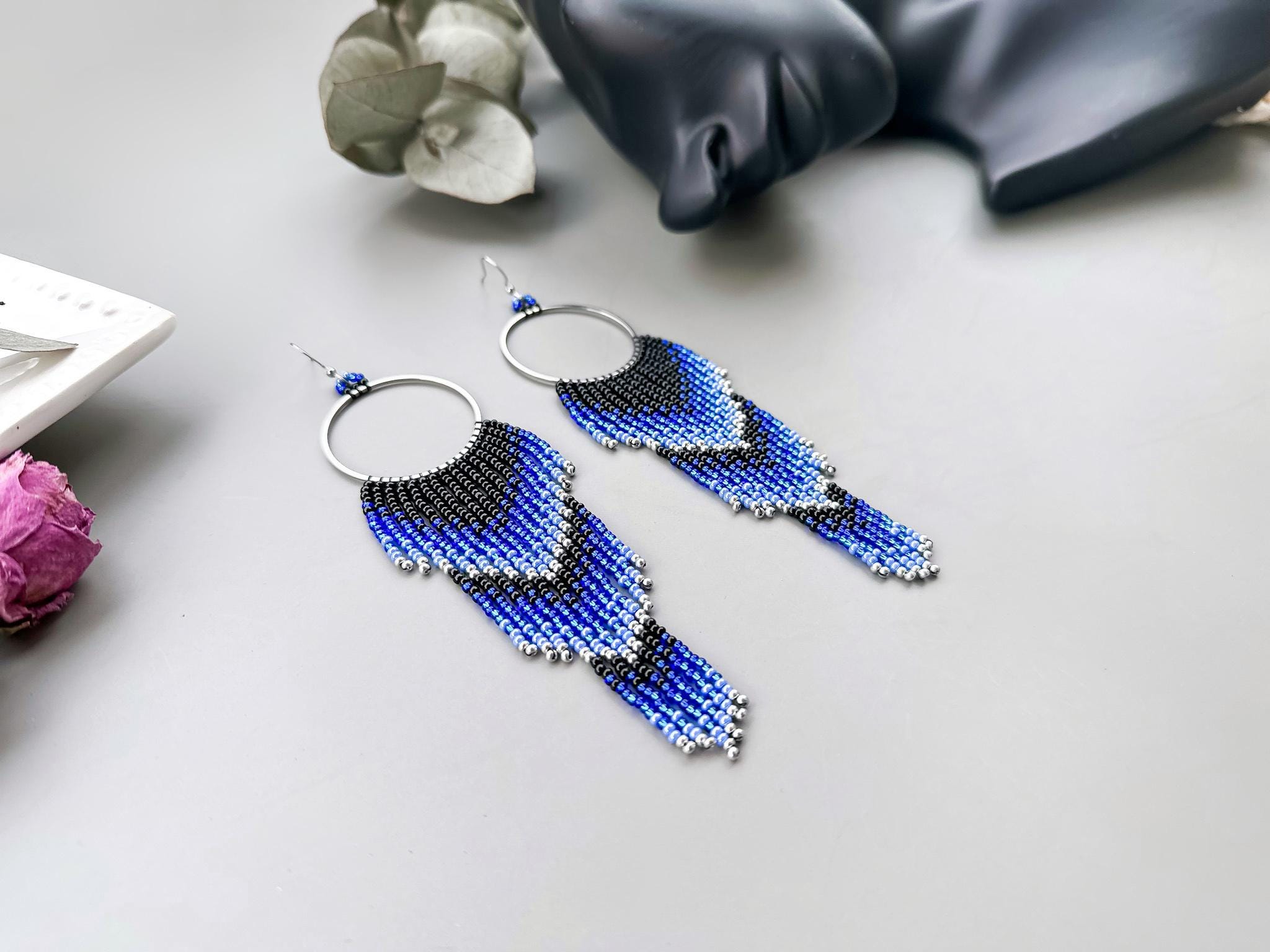BLUE GOLD IRIDESCENT FRINGE ON TRIANGLE HANGER EARRINGS main image 0