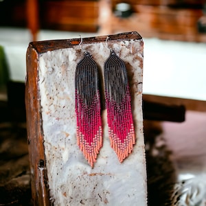 Beadwork long ombre red bead fringe earrings, handmade seed bead earrings, Modern red black earrings, Gift for her mom sister wife