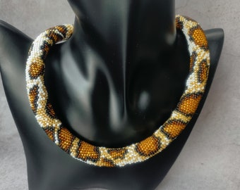 Brown Gothic Tiger Snake knit Necklace - Seed Bead Crochet Rope - Boho Handmade Beadwork - Snake reptile print Rope Jewelry Beadweaving