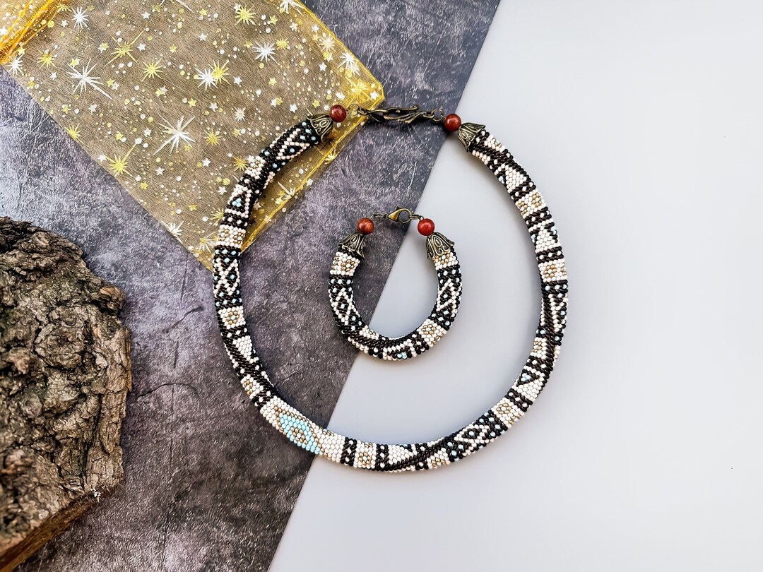 Beige Boho Collar Beaded Necklace, Bridal Beige Bracelet, Seed - Main Image