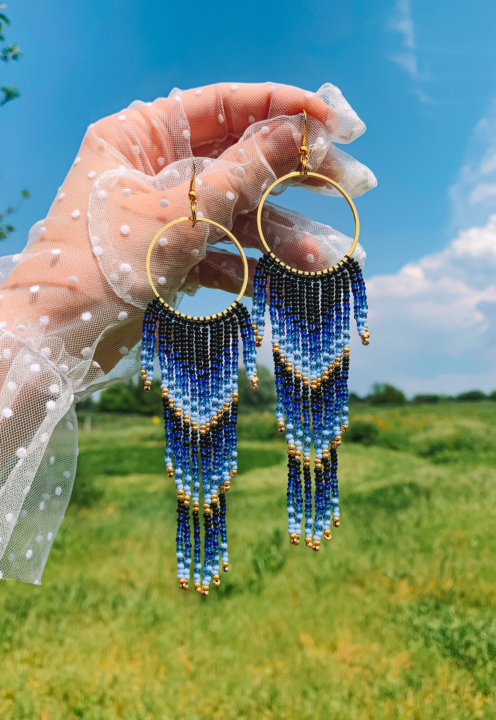 BLUE GOLD IRIDESCENT FRINGE ON TRIANGLE HANGER EARRINGS