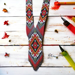 Handmade Red Ethnic Bead Loom Necklace, Traditional Ukrainian Design Cultural Heritage Jewelry Boho Statement Necklace Unique Beaded Jewelry