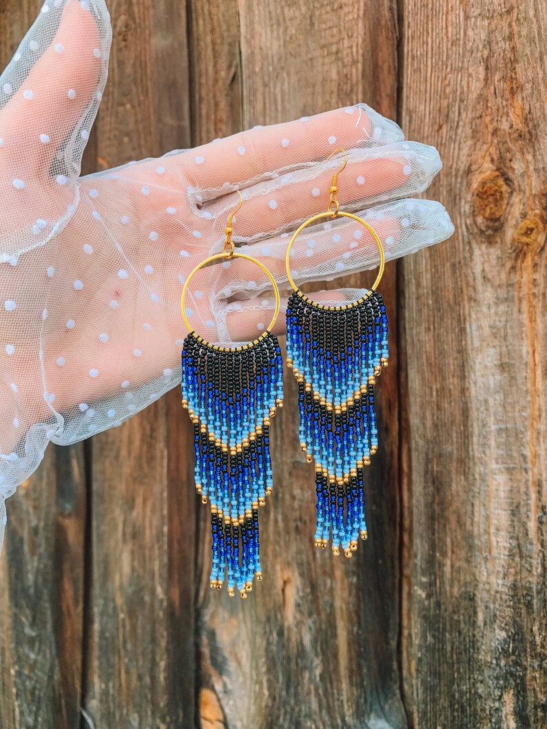 BLUE GOLD IRIDESCENT FRINGE ON TRIANGLE HANGER EARRINGS main image 1