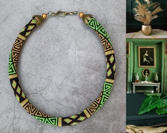 Glamour Gold Green Black beaded necklace - elegant geometric Statement crochet rope - green black bead crochet necklace