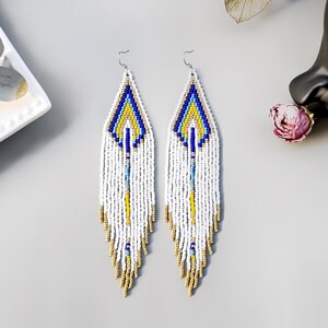 Handmade white beaded tassel earrings with blue gold lines, Boho wedding bridal earrings, Long dangle seed bead earrings for bridesmaid