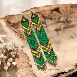 Long American Native Bead Fringe Earrings - ethnic bead Earrings - Boho style earrings - modern green earrings - gift for her