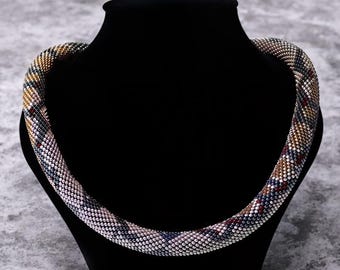 Handmade Grey Brown python Bead Crochet Necklace, Snake print Statement Necklace, Beadwork Jewelry for Women, Gothic Bead rope, Gift for Her