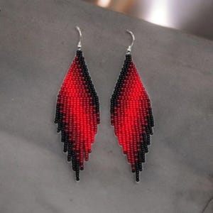 Vibrant Red Black Dangle Beaded Earrings, Bright Handmade Boho Jewelry, Seed Bead Fringe Earrings, Statement Jewelry for Women, Gift for Her
