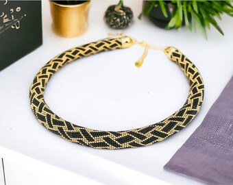 Black Gold minimalist necklace, Beaded crochet necklace, Seed bead necklace rope, Beadwork crochet jewelry, Christmas Gift for her for woman