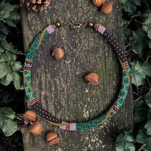 Autumn Bead Crochet Necklace - purple green Seed Beaded crochet rope - Bead crochet jewelry - Seed bead necklace - Christmas Gift for her