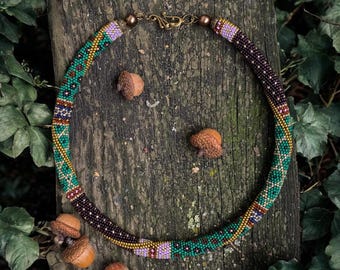 Autumn Bead Crochet Necklace - purple green Seed Beaded crochet rope - Bead crochet jewelry - Seed bead necklace - Christmas Gift for her