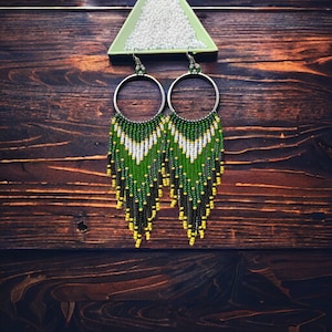 Long green Beaded Hoop Earrings, beaded fringe earrings, summer seed bead boho earrings statement ombre fringe earrings Bohemian Accessories