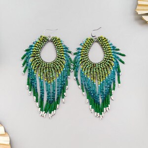 Handmade long earthy green turquiose beaded fringe earrings, ombre seed bead earrings, unique dangle boho hoop feather earring, gift for her