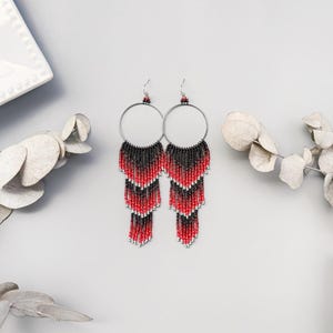Red beaded earrings, long fringe earrings, Bead fringe earrings, Red seed beads earrings, Ombre earrings, Red dangle earrings, Gift for her