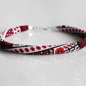 Handmade red white flowers ornament Bead Crochet Necklace, red ethnic Floral Crochet rope, bead crochet lariat, beaded jewelry women gift