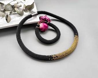 Black Gold Bead knit Necklace + Bracelet set, Seed Bead Crochet Rope, Handmade Beadwork, Beadweaving Elegant Rope Jewelry, Gift for women