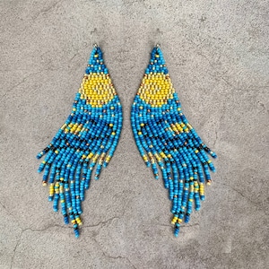 Van Gogh dangle Boho Starlight Night beadwork earrings - handwoven Starry night Bead Fringe Earrings - gift for her - Bead Statement Earring