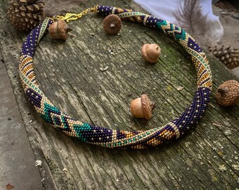 Exclusive Bead Crochet Necklace Dark blue Gold Seed Beaded crochet rope  Bead crochet jewelry Beaded Art Choker Gift women