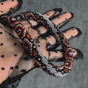 Exclusive orange grey bead crochet necklace, flower snake design geometric seed bead jewelry rope, African style Beadweaving jewelry gift