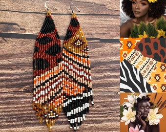 African style Earrings - abstract Brown animal print Earrings - mismatch bead fringe earrings - Valentine gift - Boho girl beadwork jewerly