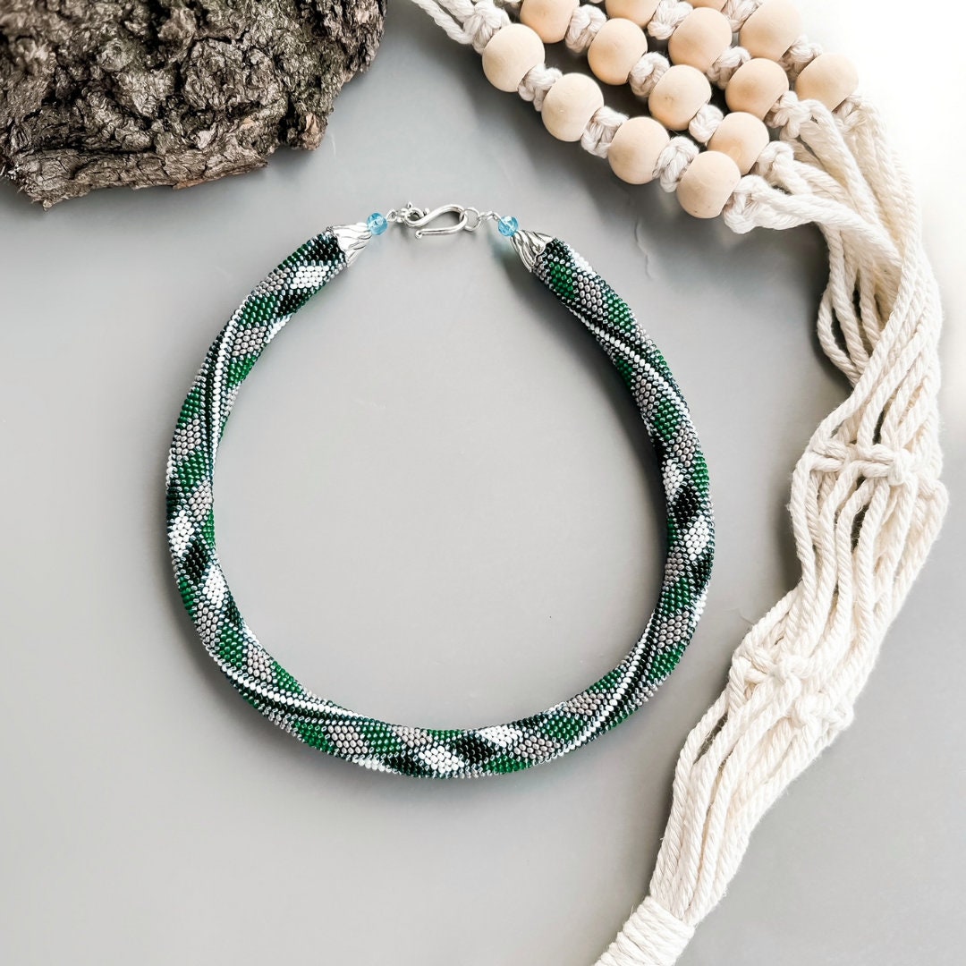 Handmade Seed Bead Crochet Rope Necklace, Green Grey Plaid - Etsy