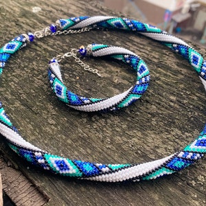 Blue White beaded  Necklace & Bracelet with geometric pattern - Bead Crochet rope - Beadwork Jewelry - ethnic geometric necklace pattern