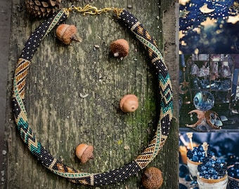 Exclusive Bead Crochet Necklace - Dark blue Gold Seed Beaded crochet rope - Bead crochet jewelry - Beaded Art Choker - Gift women