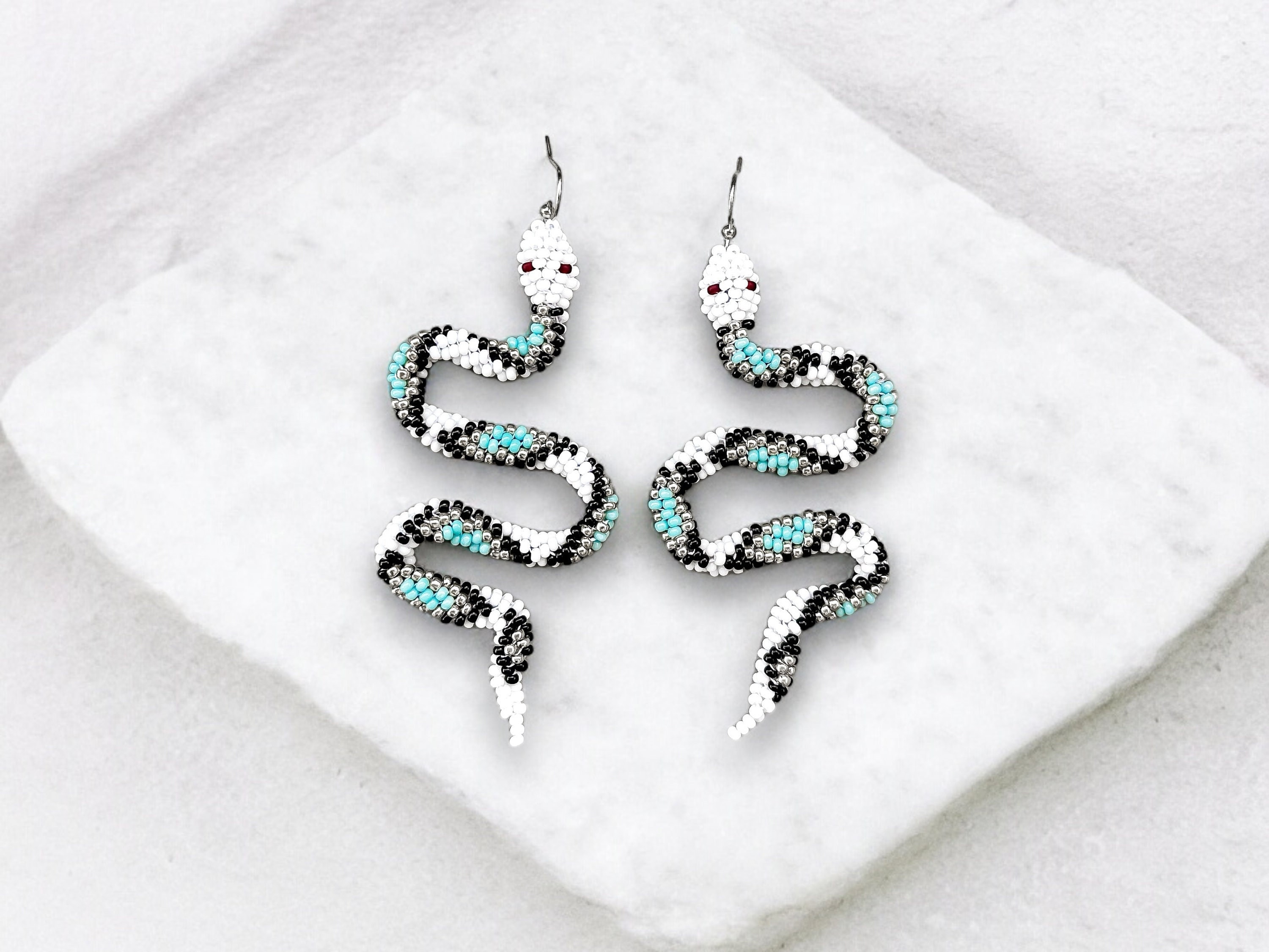 Snake beaded earrings, silver turquoise reptile earrings, gothic long earrings, boho earrings, handmade seed bead earrings, gift for her