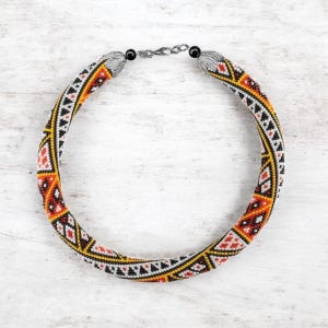 Handmade Traditional Ethnic Beaded Necklace, Folk Design Crochet Bib Rope, Handmade White Orange Seed Bead Jewelry, Boho Statement Necklace