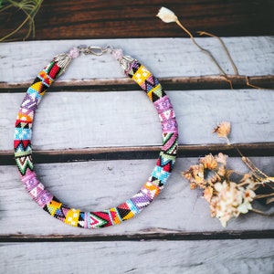 Funny summer pink Crochet beaded necklace, Handmade Geometric American Style Fun Jewelry, Seed Bead Necklace, Gift Her Mom Grandma teacher