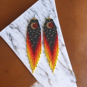 Sunset Moon Night Bead Fringe Earrings with Gold Stars, Celestial Statement Dangle black Night Sky Inspired Earrings, Handmade Gift for Her