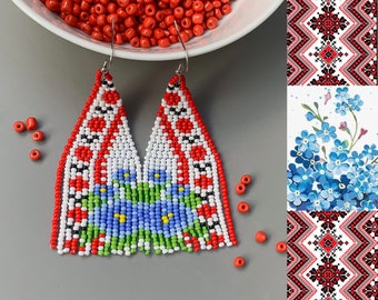 Ukrainian Ethnic beaded earrings - Tribal seed bead fringe earrings - Traditional Ukrainian red ornament blue flower earring - Gift for her