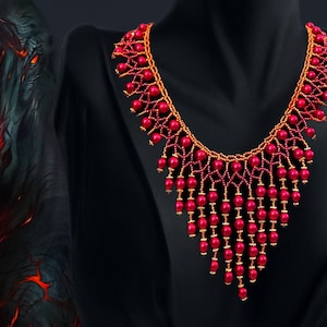 Handmade red bead Necklace For Women, long gothic red gold Necklace For her, Elegant unique Statement Necklace Gift, handwoven Birthday Gift