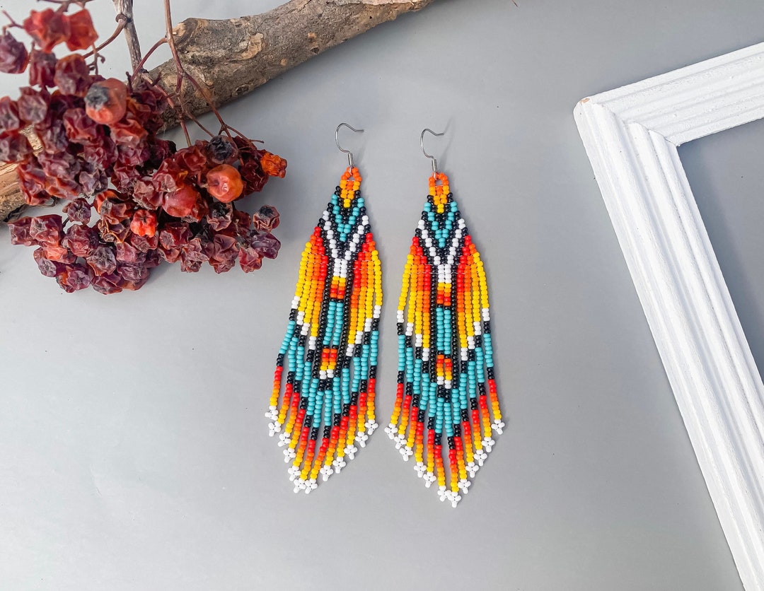 Native Beaded Earrings Shining Native Style Seed Bead Earrings Fringe ...