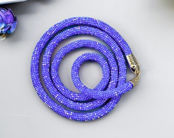 Bead crochet snake necklace, blue snake, gift to her, bead snake choker, Flexible serpent necklace, Reptile necklace, Beadwork Jewelry rope