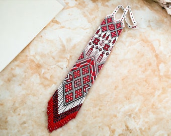 Ukrainian Beaded Jewelry, Beadwork Necklace, European Folk Art, Ethnic folk red white gerdan jewelry, long boho gerdan handmade gift for her