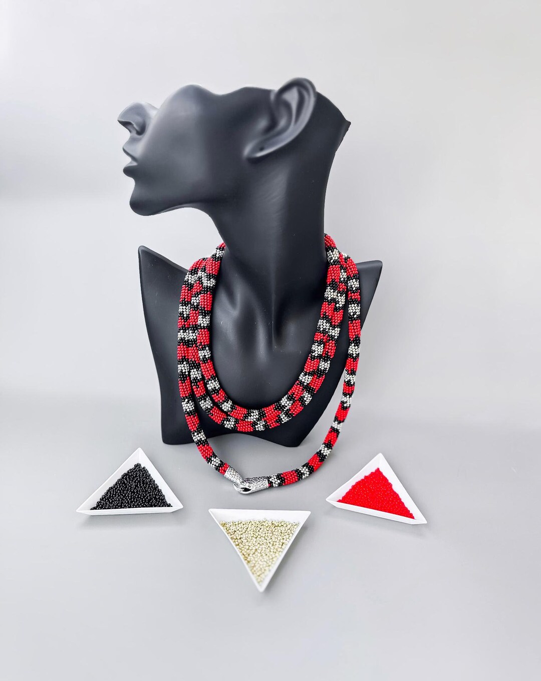 Long Red Snake Silver Snake Knit Necklace - Seed Bead Crochet Rope ...