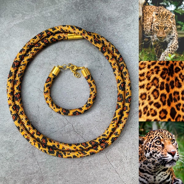 Leopard long lariat crochet beaded rope necklace - anniversary gift for her - orange brown crochet african necklace - cheetah animal print