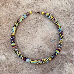 African patchwork Necklace - Colorful geometric Crochet rope - Seed bead crochet lariat - Africa ethnic beaded jewelry - Xmas women gift