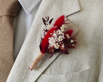Burgunder-Bräutigam Boutonniere,Burgunder-Hochzeits-Boutonniere,Burgunder-Hochzeits-Trockenblumen-Boutonniere,Boho-Rotes Knopfloch,Bräutigam-Boutonniere