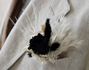 White/Black Pocket Boutonniere,Dry Flower Boutonniere,Pampas Grass Boutonniere,Wedding Boutonnière,Groom,Groomsmen,Winter WeddingBoutonniere