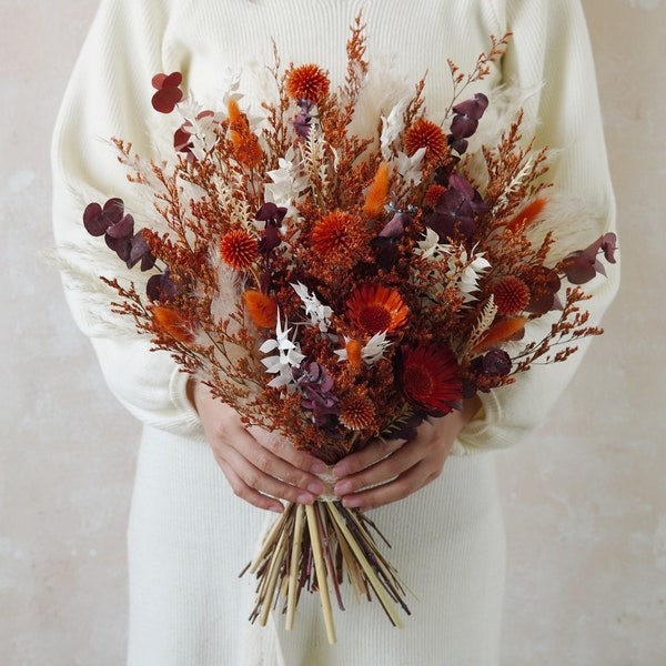 Rust terracota ramo de naranja quemado, flores de boda de otoño, flores conservadas de naranja quemada, ramo de boda, ramo de novia, boda de flores secas