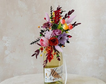 Arte de botella, flores coloridas de decoración de vino, decoración de botella de vino de fiesta, ramo de botella de vino, arreglo de botella de vino, regalos para amantes del vino