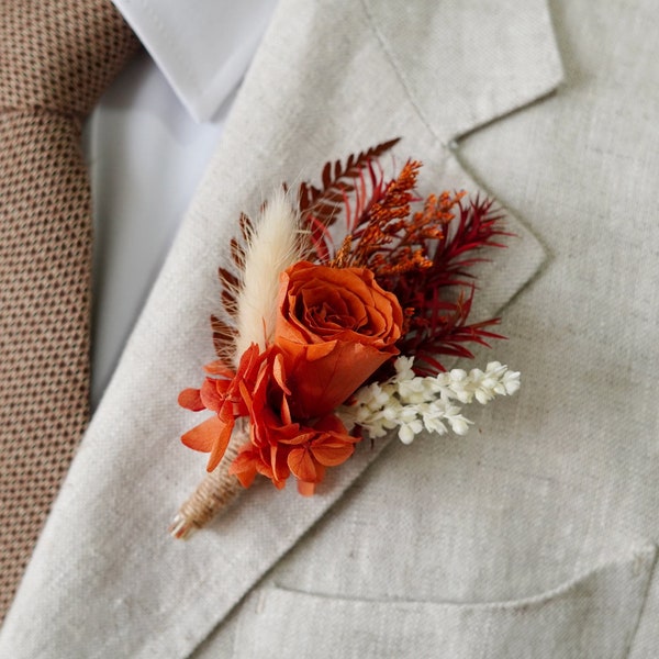 Rust Terracotta Boutonniere,Burnt Orange Rose Boutonniere,Groom Boutonniere,Wedding Accessories,Groomsmen Boutonnière,Wedding Boutonnière