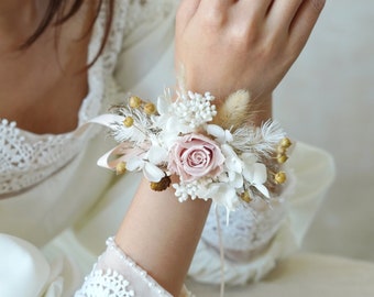 Pink and Cream Boho Wrist Corsage,Dried Flower Wedding Wrist Corsage,Wedding Decorate,Bride/Bridesmaid Wrist Corsage,Dried Flower Bracelet