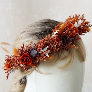 Burnt Orange Dried Flower Crown,Bridal Crown,Rust Terracotta Wedding Tiara,Flower Girl Crown,Flower Headband,Bridesmaid Gift,Boho Scrunchie
