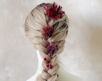 Burgundy Wedding Hair accessories,Bridal Hair Clip,Hair Pins,Wine Red Bunnytails Hair Sticks,Wedding Hair Clip,Floral Hair Pin,Hair Comb