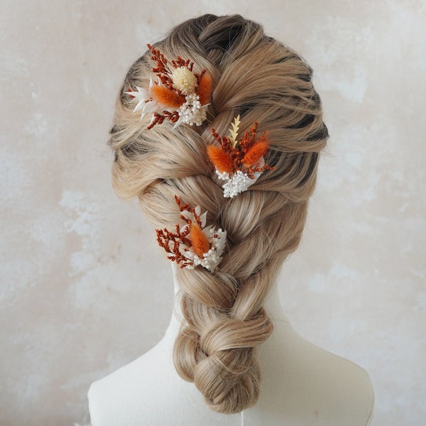 Burnt Orange Dried Flower Hair Pins,Hair Sticks,Hair Forks,Hair Accessories,Bridal Hair Clip,Wedding Hair Clip,Floral Hair Pins,Boho Hairpin