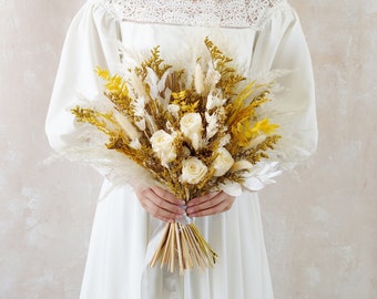 Yellow Ivory Bridal Bouquet,Yellow Wildflower Wedding Bouquet,Dried Wildflower Arrangement,Wedding Bouquet,Bridal Bouquet,Bridesmaid Bouquet